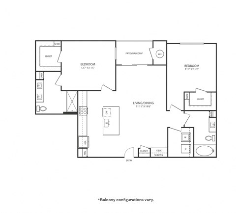 Floor plan for 2 beds, 2 baths, 1109 sqft